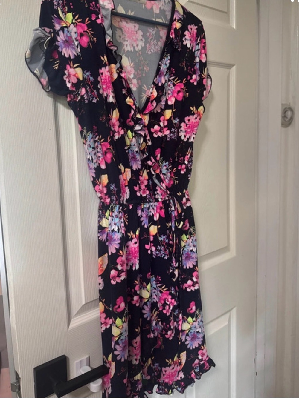 Floral Ruffle Wrap Dress - Black with Pink & Purple Blossoms